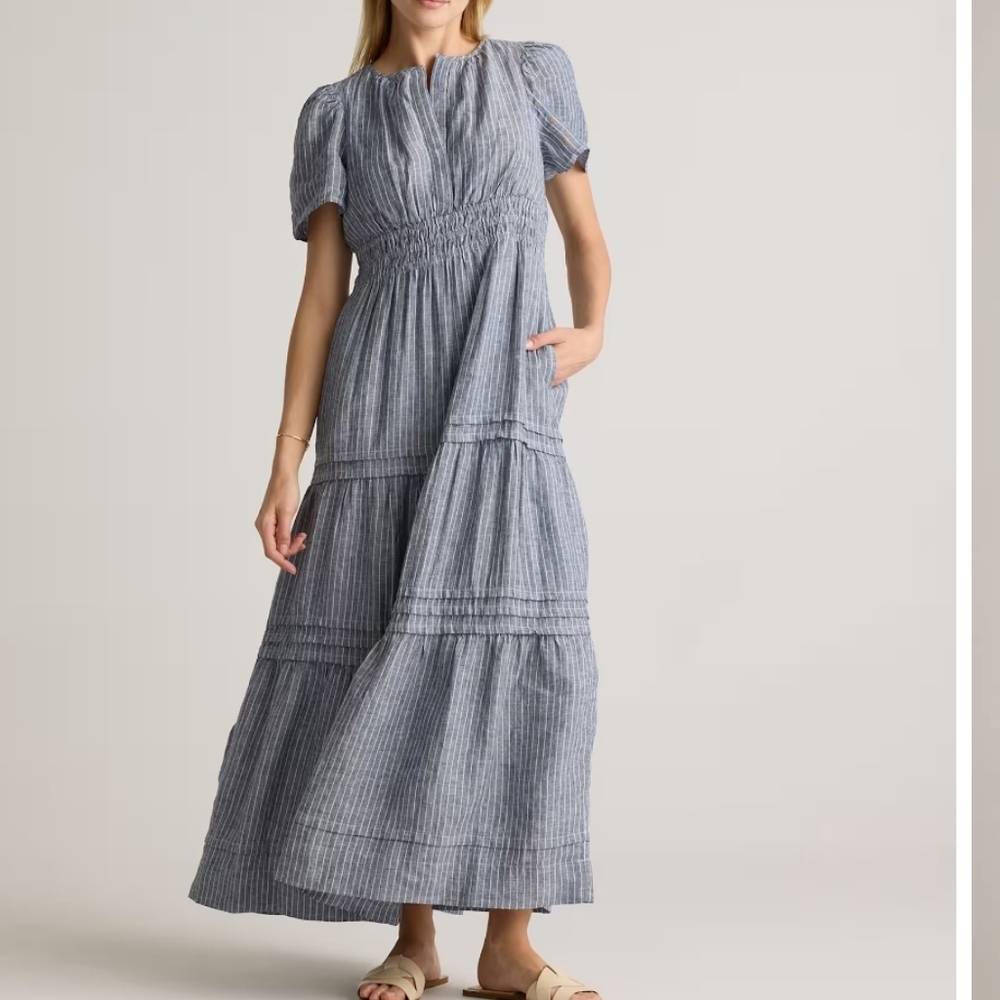 Quince Women's 100% European Linen Tiered Maxi Dress Chambray Stripe Sz L Summer